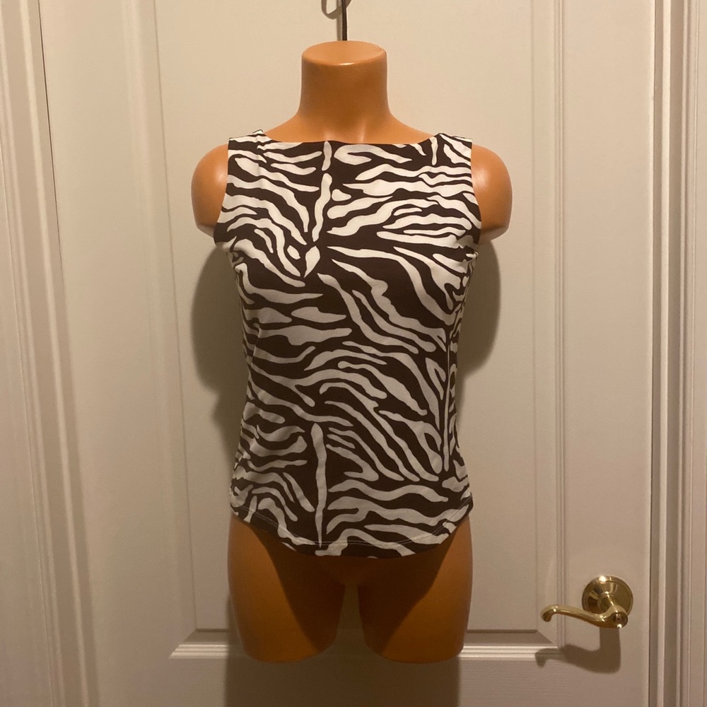INC INTERNATIONAL CONCEPTS Mesh Knit Top Tank PS Petite Small Brown White Zebra